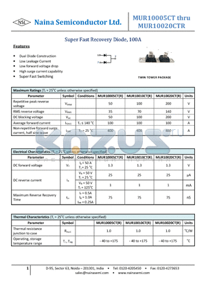 MUR10005CT datasheet - Super Fast Recovery Diode, 100A