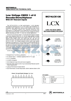 MC74LCX138 datasheet - Low-Voltage CMOS 1-of-8 Decoder/Demultiplexer With 5V-Tolerant Inputs