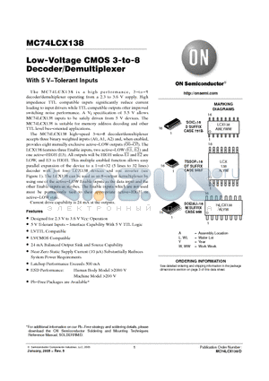 MC74LCX138DR2G datasheet - Low-Voltage CMOS 3-to-8 Decoder/Demultiplexer With 5 V−Tolerant Inputs