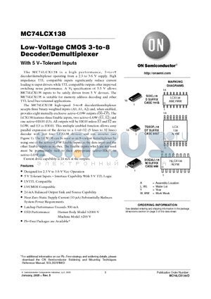 MC74LCX138DR2 datasheet - Low-Voltage CMOS 3-to-8 Decoder/Demultiplexer With 5 V−Tolerant Inputs
