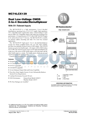 MC74LCX139MEL datasheet - Dual Low−Voltage CMOS 2−to−4 Decoder/Demultiplexer With 5V−Tolerant Inputs