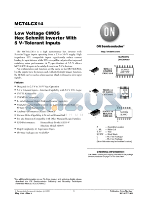 MC74LCX14DT datasheet - Low Voltage CMOS Hex Schmitt Inverter With 5 V-Tolerant Inputs
