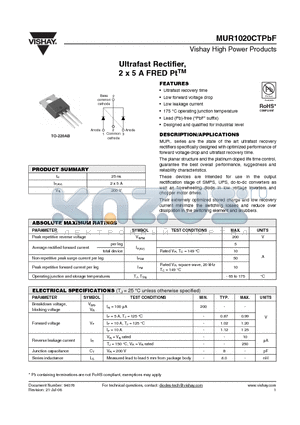 MUR1020CTPBF datasheet - Ultrafast Rectifier, 2 x 5 A FRED PtTM