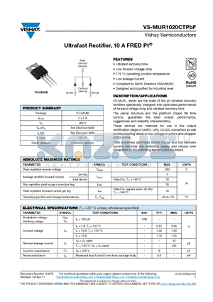 MUR1020CTPBF datasheet - Ultrafast Rectifier, 10 A FRED Pt