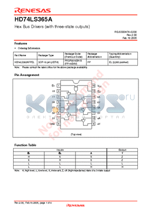 HD74LS365A datasheet - Hex Bus Drivers (with three-state outputs)