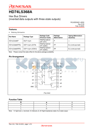 HD74LS368ARPEL datasheet - Hex Bus Drivers (inverted data outputs with three-state outputs)