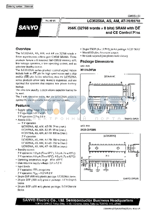 LC35256AT-70 datasheet - 256 K (32768 words X 8 bits) SRAM with OE and CE control Pins