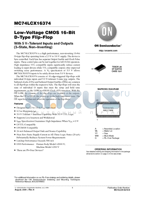 MC74LCX16374DTG datasheet - Low−Voltage CMOS 16−Bit D−Type Flip−Flop With 5 V−Tolerant Inputs and Outputs (3−State, Non−Inverting)