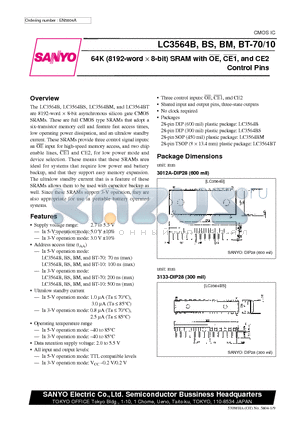 LC3564B datasheet - 64K (8192-word d 8-bit) SRAM with OE, CE1, and CE2 Control Pins