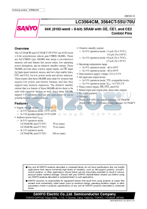 LC3564CM-70U datasheet - 64K (8192-word x 8-bit) SRAM with OE, CE1, and CE2 Control Pins