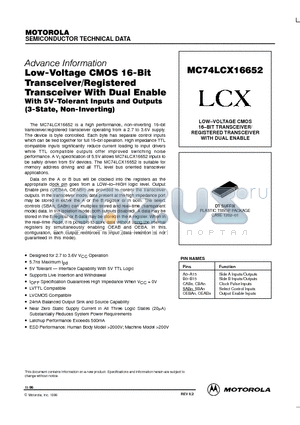 MC74LCX16652 datasheet - LOW-VOLTAGE CMOS 16-BIT TRANSCEIVER/ REGISTERED TRANSCEIVER WITH DUAL ENABLE