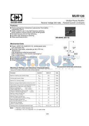MUR120 datasheet - Ultrafast Plastic Rectifier Reverse Voltage 200 Volts Forward Current 1.0 Ampere