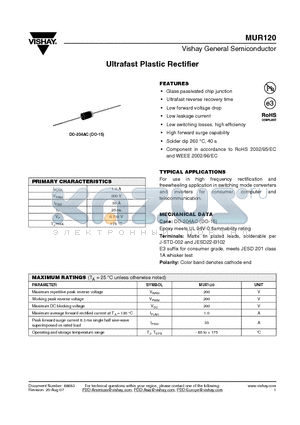 MUR120 datasheet - Ultrafast Plastic Rectifier