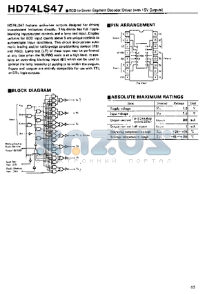 HD74LS47P datasheet - BCD-to-Seven Segment Decoder Driver(with 15V outputs)