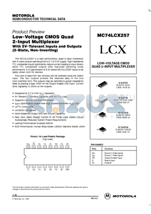 MC74LCX257 datasheet - Low-Voltage CMOS Quad 2-Input Multiplexer