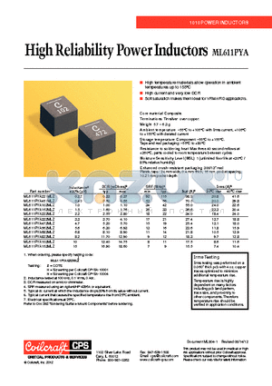 ML611PYA562MLZ datasheet - High Reliability Power Inductors