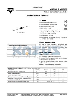 MUR140 datasheet - Ultrafast Plastic Rectifier