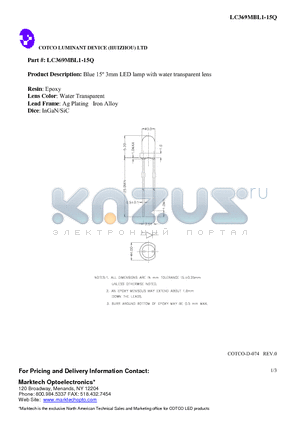 LC369MBL1-15Q datasheet - Blue 15 3mm LED lamp with water transparent lens