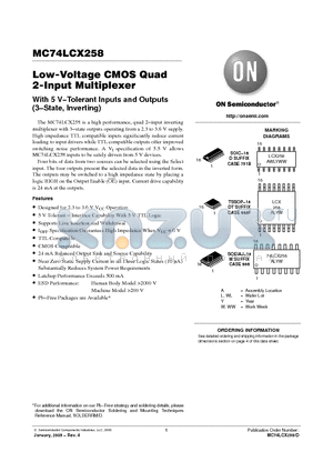 MC74LCX258DTR2 datasheet - Low-Voltage CMOS Quad 2-Input Multiplexer With 5 V−Tolerant Inputs and Outputs (3−State, Inverting)