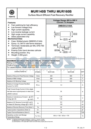 MUR140B datasheet - Surface Mount Efficient Fast Recovery Rectifier