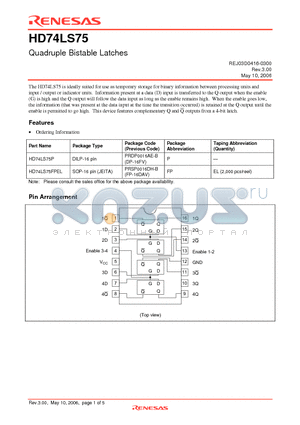 HD74LS75P datasheet - Quadruple Bistable Latches