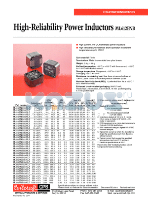 ML612PNB392NLZ datasheet - High-Reliability Power Inductors