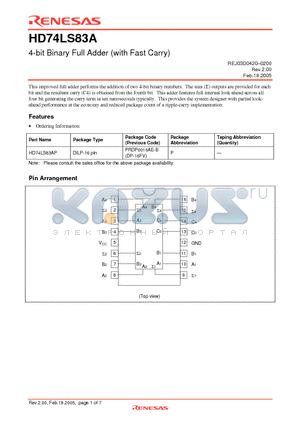 HD74LS83AP datasheet - 4-bit Binary Full Adder (with Fast Carry)