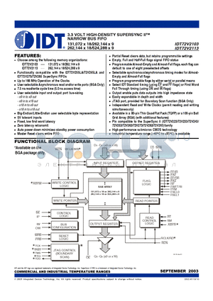 IDT72V2103L15BCI datasheet - 3.3 VOLT HIGH-DENSITY SUPERSYNC II NARROW BUS FIFO
