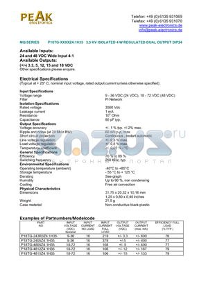 P18TG-2405Z41H35 datasheet - 3.5 KV ISOLATED 4 W REGULATED DUAL OUTPUT DIP24