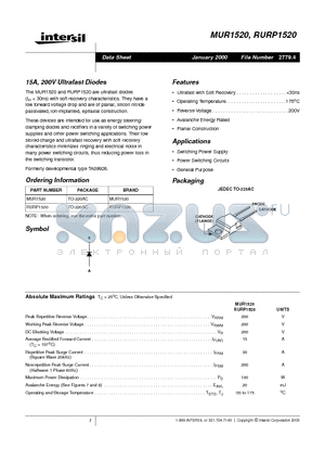 MUR1520 datasheet - 15A, 200V Ultrafast Diodes