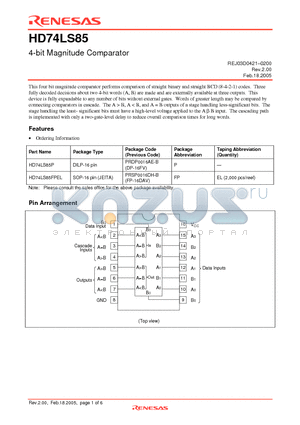 HD74LS85FPEL datasheet - 4-bit Magnitude Comparator