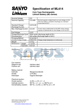 ML614 datasheet - Coin Type Rechargeable Lithium Battery