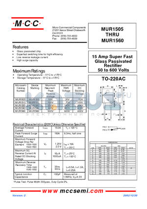 MUR1540 datasheet - 15 AMP SUPER FAST GLASS PASSIVATED RECTIFIER 50 TO 600 VOLTS