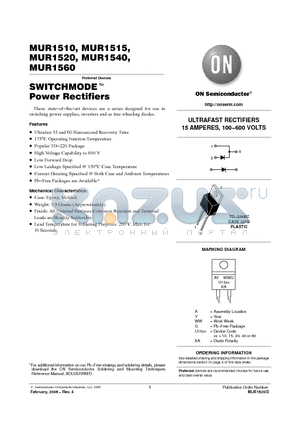 MUR1540G datasheet - ULTRAFAST RECTIFIERS 15 AMPERES, 100−600 VOLTS