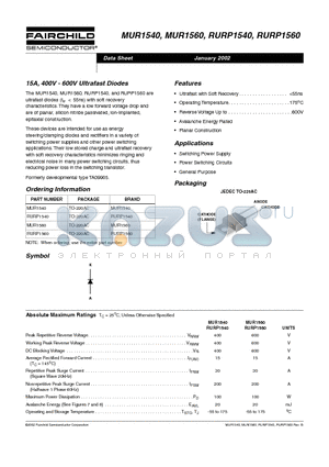 MUR1560 datasheet - 15A, 400V - 600V Ultrafast Diodes