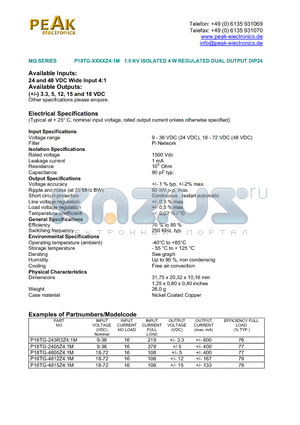 P18TG-4805Z41M datasheet - 1.5 KV ISOLATED 4 W REGULATED DUAL OUTPUT DIP24