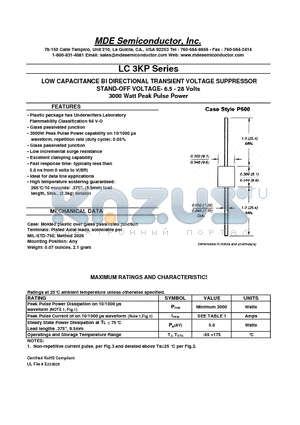 LC3KP7.0CA datasheet - LOW CAPACITANCE BI DIRECTIONAL TRANSIENT VOLTAGE SUPPRESSOR STAND-OFF VOLTAGE- 6.5 - 28 Volts 3000 Watt Peak Pulse Power