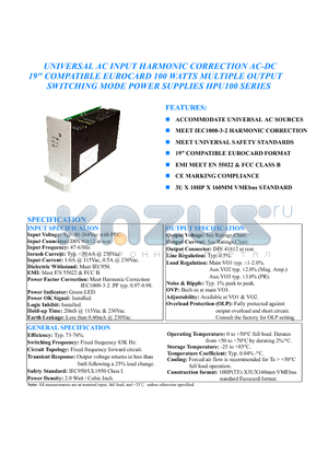 HPU100-S280036 datasheet - UNIVERSAL AC INPUT HARMONIC CORRECTION AC-DC 19 COMPATIBLE EUROCARD 100 WATTS MULTIPLE OUTPUT SWITCHING MODE POWER SUPPLIES HPU100 SERIES