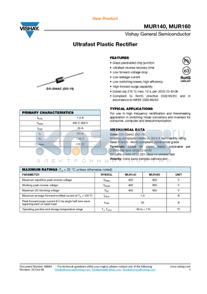 MUR160 datasheet - Ultrafast Plastic Rectifier