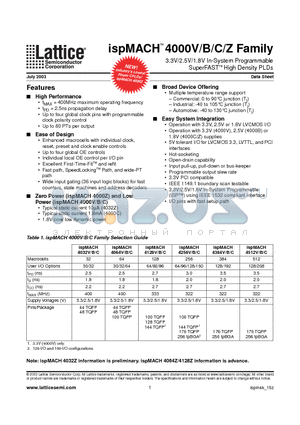 LC4032B-10T48I datasheet - 3.3V/2.5V/1.8V In-System Programmable SuperFAST High Density PLDs