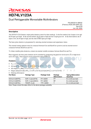 HD74LV123ARPEL datasheet - Dual Retriggerable Monostable Multivibrators