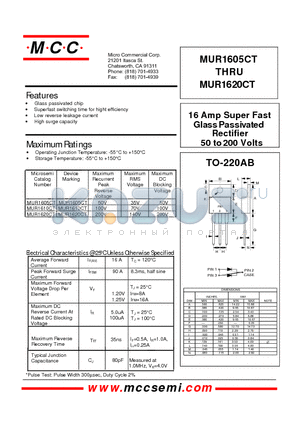MUR1605CT datasheet - 16 Amp Super Fast Glass Pass ivated Rectifier 50 to 200 Volts