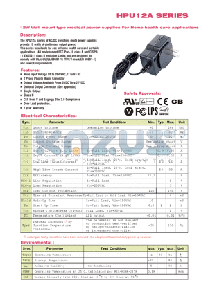 HPU12A datasheet - 12W Wall mount type medical power supplies For Home health care applications