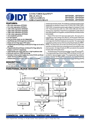 IDT72V221L15J datasheet - 3.3 VOLT CMOS SyncFIFO 256 x 9, 512 x 9, 1,024 x 9, 2,048 x 9, 4,096 x 9 and 8,192 x 9