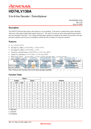 HD74LV138ATELL datasheet - 3-to-8-line Decoder / Demultiplexer