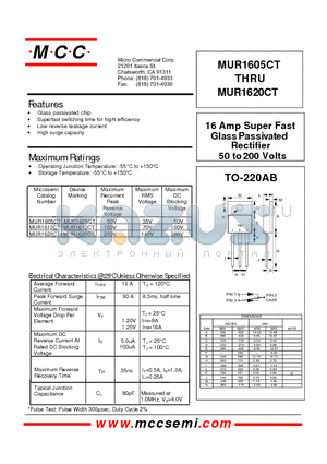 MUR1610CT datasheet - 16 Amp Super Fast Glass Pass ivated Rectifier 50 to 200 Volts