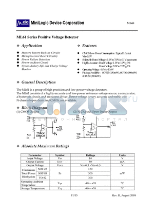 ML61X143XX datasheet - Positive Voltage Detector CMOS Low Power Consumption : Typical 1.0uA at Vin=2.0V