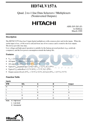 HD74LV157A datasheet - Quad. 2-to-1 line Data Selectors / Multiplexers(Noninverted Outputs)