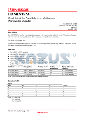 HD74LV157A datasheet - Quad. 2-to-1 line Data Selectors / Multiplexers (Noninverted Outputs)