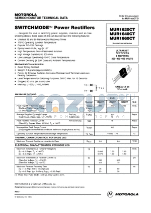 MUR1620CT datasheet - ULTRAFAST RECTIFIERS 8 AMPERES 200-400-600 VOLTS